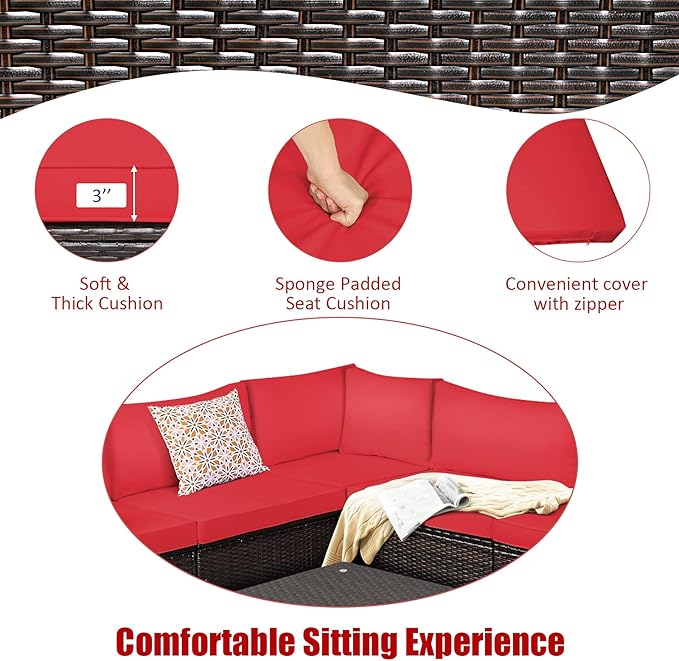 Tangkula 6 Pieces Patio Furniture Set, Outdoor Rattan Sofa Set, Wicker Conversation Set w/Tempered Glass Coffee Table & Cushions, Sectional Sofa Set for Backyard, Garden, Balcony, Poolside (Red)