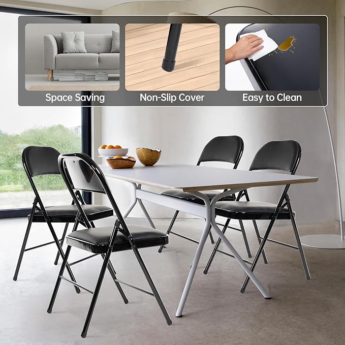 4 Pack Folding Chairs with Padded Seats, Padded Folding Chair with Steel Frame for Events Home Office, Pu Leather Folding Chair Black