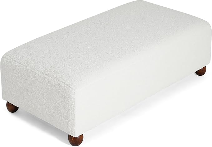 Christopher Knight Home Rika 48" Comfy Boucle Upholstered Bedroom Bench, Ottoman Bench with Rounded Wooden Legs, Spacious Seating, Long Footstool for Living Room, Entryway Bench, White + Walnut