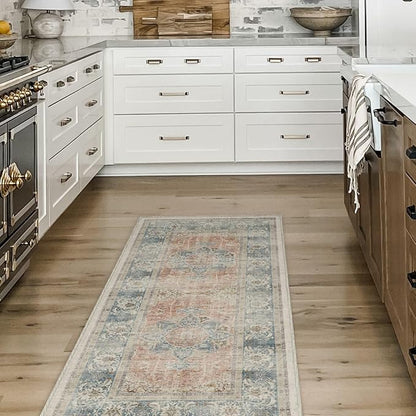 RUGGABLE Washable Vintage Area Rug – Sarrah Coral 4x6, Stain-Resistant, Non-Slip – Medium Machine Washable Rugs for Living Room, Bedroom, Hallway, Entryway & Office–with Standard Pad