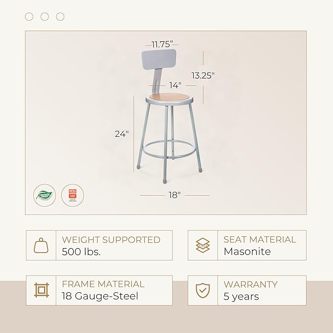 OEF Furnishings (2 Pack Steel Stool with Backrest, Grey, 24"