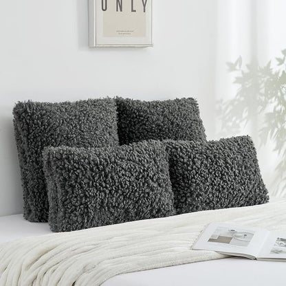 FUTEI Dark Grey Decorative Throw Pillow Covers 12x20 Inch Set of 2,Soft Fluffy Faux Wool Fur Boucle Textured Lumbar Pillow Case,Modern Home Decor for Couch Bed Living Room Office