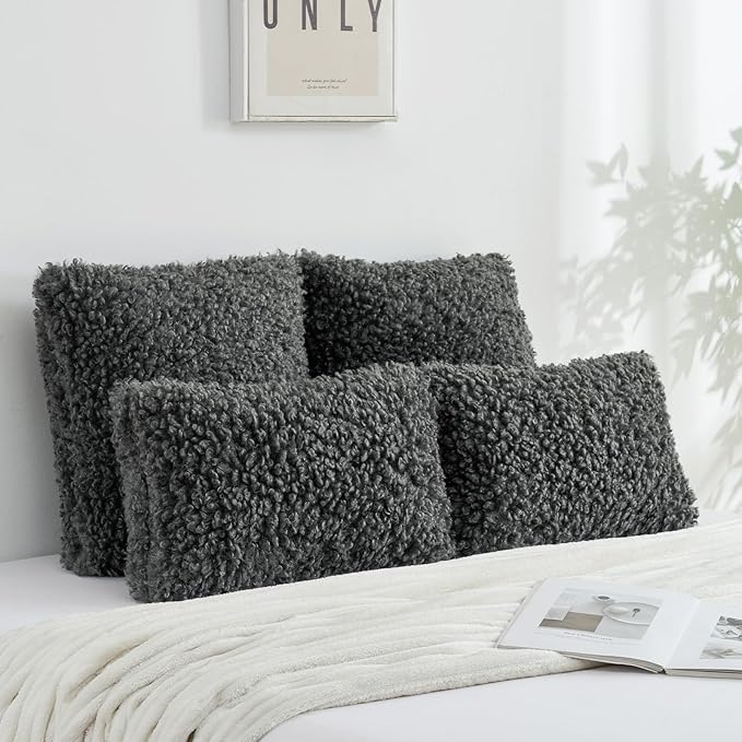 FUTEI Dark Grey Decorative Throw Pillow Covers 22x22 Inch Set of 2,Soft Fluffy Faux Wool Fur Boucle Textured Cushion Case,Modern Home Decor for Couch Bed Living Room Office