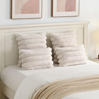 FUTEI Beige Decorative Throw Pillow Covers 22x22 Inch Set of 2, Square Soft Faux Rabbit Fur Thick Striped Cushion Cover,Winter Home Decor for Couch Bed Living Room