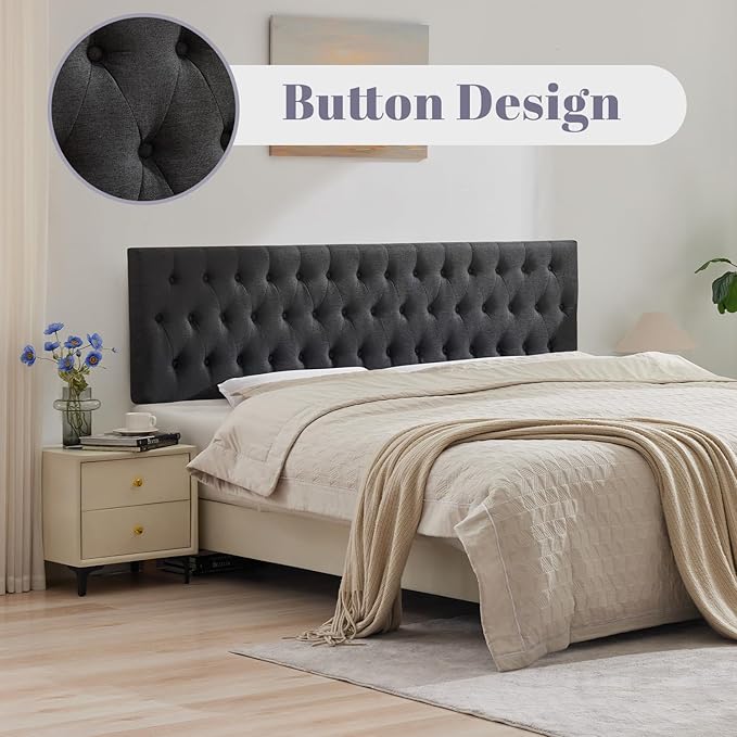 Kingfun Tufted Upholstered Queen Size Bed Headboard in Modern Button Design, Adjustable Solid Wood Head Board, Premium Linen Fabric Padded Headboards in Bedroom (Dark Grey)