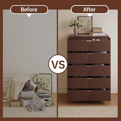 FURSUN Fluted 5 Drawers Dresser for Bedroom, 48" Tall Wooden Modern Dresser with Metal Handle, Curved Profile Design, Storage Organizer for Living Room, Hallway（Dark Walnut）