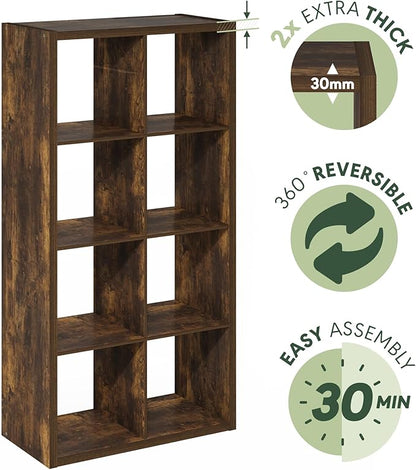 Furinno Cubicle Book Shelf, 8-Cube Thick Frame Bookshelf, Horizontally & Vertically Reversible Bookcase with Open Back, 14.6 x 30 x 57.9, for Living Room, Bedroom, Home Office, Amber Pine