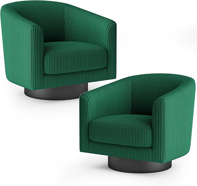 360° Swivel Accent Chairs Set of 2, Modern Bucket Chair, Corduroy Barrel Armchair, Comfy Boucle Chair, Single Sofa for Living Room Bedroom. Green