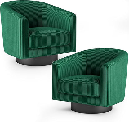 360° Swivel Accent Chairs Set of 2, Modern Bucket Chair, Corduroy Barrel Armchair, Comfy Boucle Chair, Single Sofa for Living Room Bedroom. Green