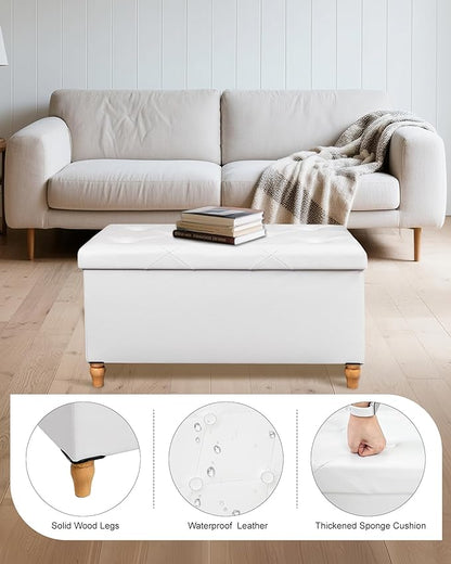 GLAXYFUR 30 Inches Storage Ottoman Bench with Wooden Legs, Faux Leather Folding Ottoman Foot Rest, Storage Bench for Living Room, Hallway & Bedroom, Upgrade Large Capacity (Engineered Wood, White)