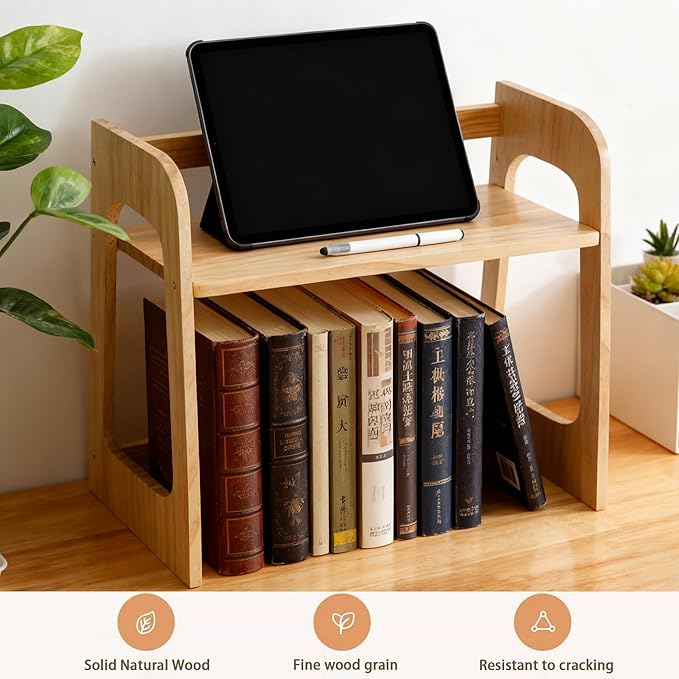 Double-tier bookshelf, book storage rack, 17.5-inch multifunctional desktop solid wood bookshelf and countertop display stand. Ideal for kitchen organization, tidying books, teacups, and toys.