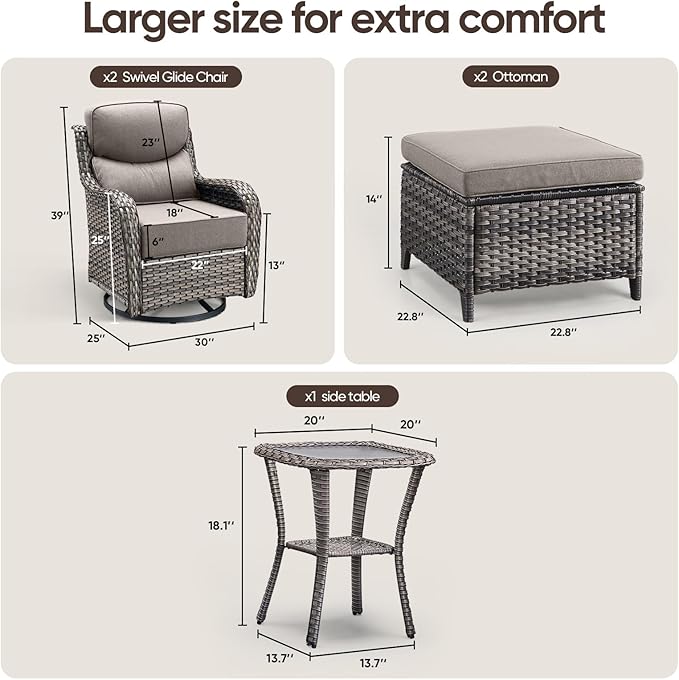 Swivel Patio Chairs Sofa Set of 5 with 6" Thick Cushion - Wicker Outdoor Swivel Rocker Patio Chair with Side Table, High Back Comfortable Outdoor Glider Chairs - Grey Wicker - Grey Cushions
