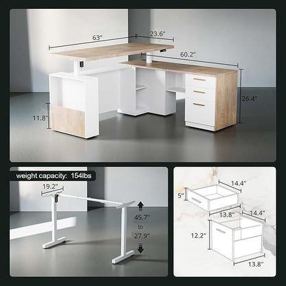 63" Standing Desk with File Cabinet, Privacy Panel, AC/USB, 1.18" Desktop, Executive L Shaped Height Adjustable Electric Stand Up Desk, Home Office Table with 3 Drawers, Light Walnut