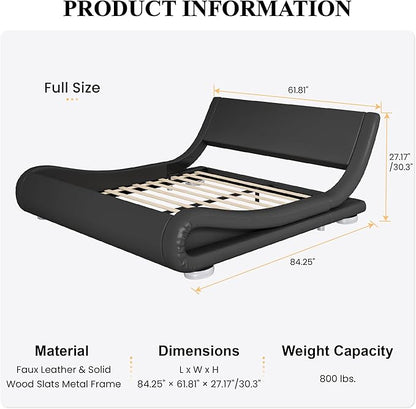 SHA CERLIN Full Size Upholstered Bed Frame, Deluxe Low Profile Sleigh Bed with Faux Leather Ergonomics Headboard, No Box Spring Needed & Easy Assembly, Black