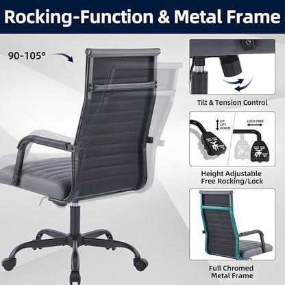 Office Chair, Ergonomic Executive Conference Room Chairs, Ribbed Leather Desk Chair with Lumbar Support, Adjustable Height Mid-Back Swivel Chair with Padded Seat and Square Tube Armrests