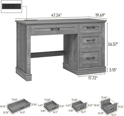 Vabches Farmhouse 47" Executive Desk, Computer Desk with Drawers and File Drawer, Workstation Computer Desk with Charging Station for Home Office,Study,Grey.