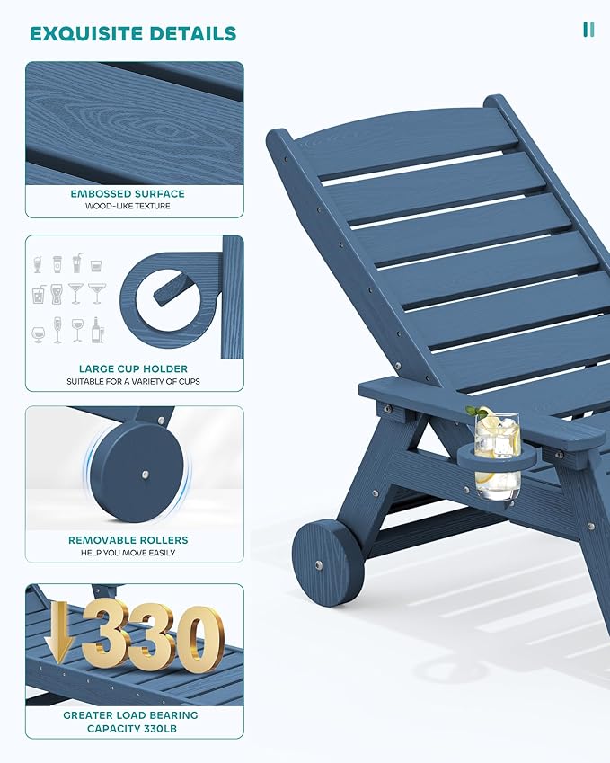 SERWALL Outdoor Lounge Chairs Set with Side Table, HDPE Patio Chaise Lounge All Weather Outdoor Lounger Set of 3 for Pool, Deck, Blue