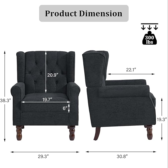 High Back Accent Chairs Set of 2, High Wingback Chair for Living Room, Button-Tufted Upholstered Fabric Armchair with Solid Wood Legs, Comfy Single Sofa Reading Chair for Bedroom, Dark Navy