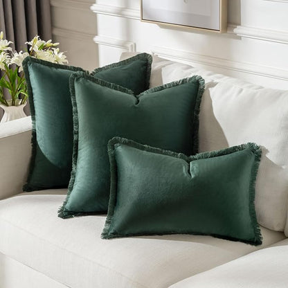 FUTEI Christmas Army Green Velvet Decorative Throw Pillow Covers 16x16 Set of 2,Soft Cozy Edge with Tassels Cushion Case,Boho Modern Home Decor for Couch Bed Living Room