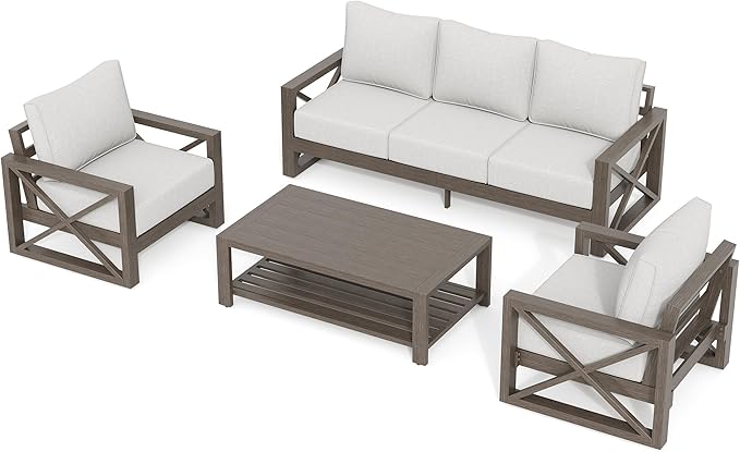 UDPATIO Aluminum Patio Furniture Set, 4 Piece Faux Wood Outdoor Patio Sets with Coffee Table, Metal Patio Furniture Set Modern Outdoor Sectional for Deck Porch Patio, Light Grey