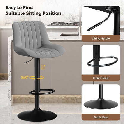 Nalupatio Bar Stools Set of 2, Adjustable Modern Swivel Bar Stools with Backs, Counter Height Performance Fabric Island Chairs for Home Kitchen, Dark Grey