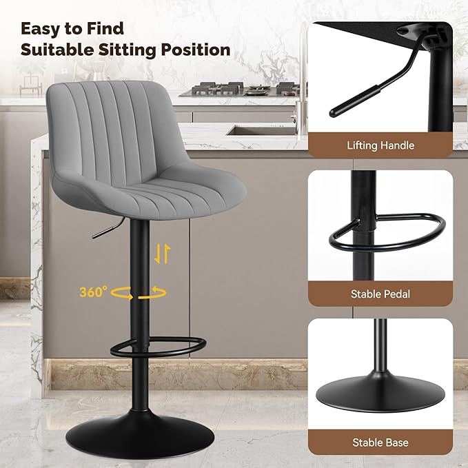 Nalupatio Bar Stools Set of 4, Adjustable Modern Swivel Bar Stools with Backs, Counter Height Performance Fabric Island Chairs for Home Kitchen, Dark Grey
