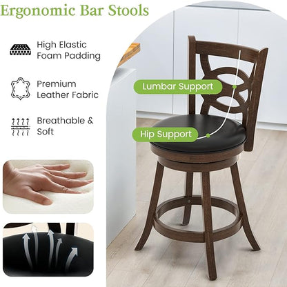 ERGOMASTER Swivel Bar-Stools Set of 2 Brown Counter Height Barstool 24 Inch Seat Bar Chair