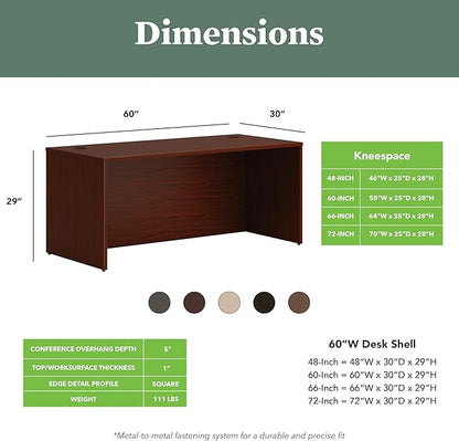 HON MOD Executive Desk 60-Inch Large Computer Desk Shell, Thick Wooden Laminate, Modern Table with Cord Management, 60" W x 30" D x 29" H, Traditional Mahogany