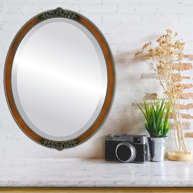 OVALCREST Oval Beveled Wall Mirror for Home Decor - Athena Style - Walnut - 26" x 20" Outside Dimensions