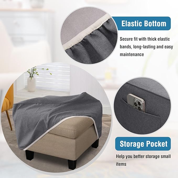 H.VERSAILTEX Ottoman Cover Slipcover Square Fit Length 24"-25" Footrest Sofa Slipcovers Stool Cover Footstool Protector Covers Feature Thick Durable Linen Look Fabric Removable Washable - Heather Grey