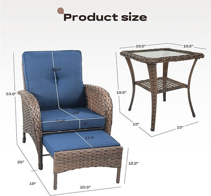 Rilyson 5 Piece Patio Furniture Set - Wicker Balcony Furniture Set with Hidden Ottomans, Rattan Outdoor Patio Chairs with Side Table for Porch Deck Poolside Garden Brown/Blue