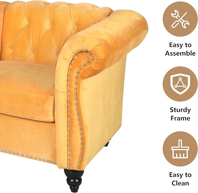 Chesterfield 3 Seater Sofa, Modern Velvet Tufted Couch 3 Seater with Rolled Arms and Nailhead Mid-Century Upholstered Couch for Living Room, Bedroom, Apartment and Office, Yellow