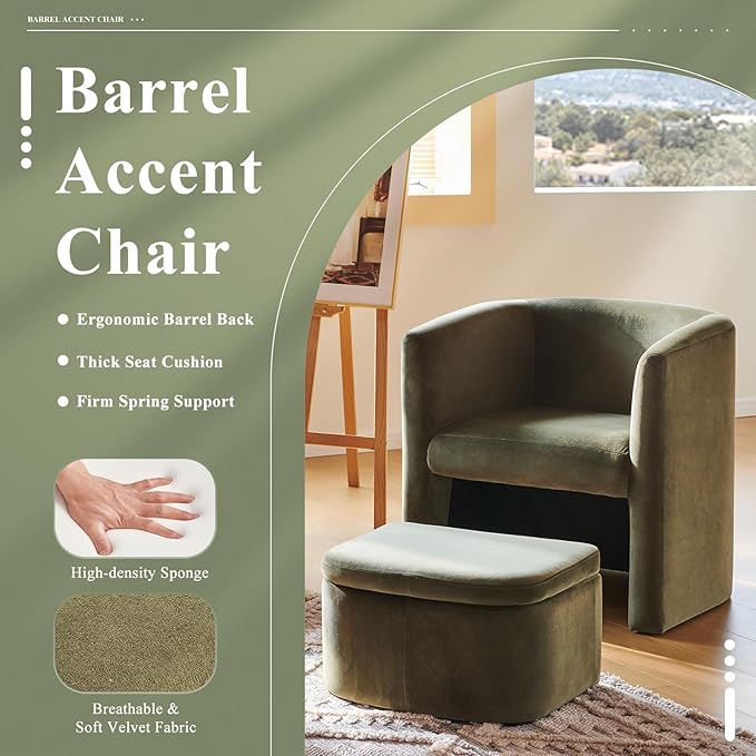 Mid-Century Velvet Living Room Chair with Storage Ottoman, Space-Saving Accent Chairs for Bedroom/Reading Spaces/Office, Green
