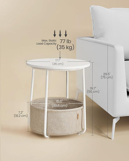 VASAGLE LILEA Collection - Small Round Side End Table, Modern Nightstand with Fabric Basket, for Living Room, Bedroom, Set of 2, Matte White and Camel Brown ULET225WG01S