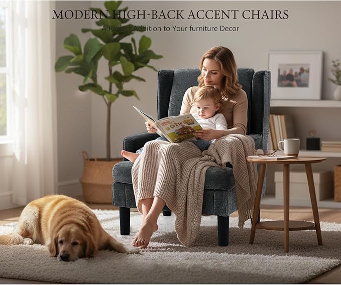 Accent Chair for Living Room Chairs Upholstered Oversized Reading Chair Armchair Accent Chairs Set of 2 Living Room Chair with High Back and Wood Legs,Arm Chair Comfy Chair for Bedroom(Dark Grey)