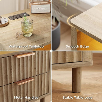 Fluted Nightstand with Charging Station, 2 Drawers Storage Bedside Table, Solid Wood Modern Nightstand with Open Shelf, Curved Profile Design, End Table for Indoor Room Bedroom Office, Oak