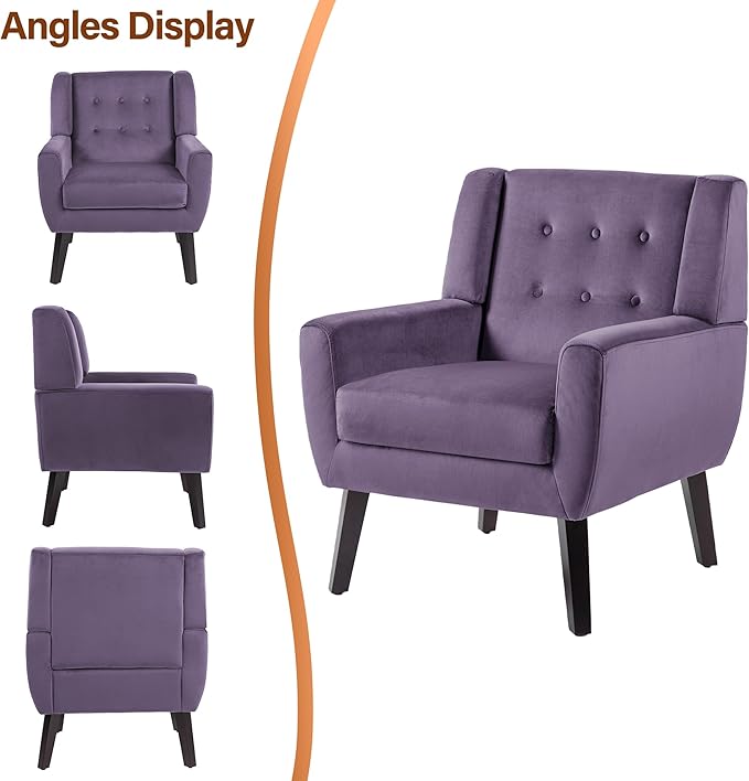 Lumibee Accent Chairs Set of 2, Velevet Fabric Armchairs for Living Room, Comfy Upholstered Arm Chairs Tufted for Indoor Bedroom Office Room (Purple Velvet)