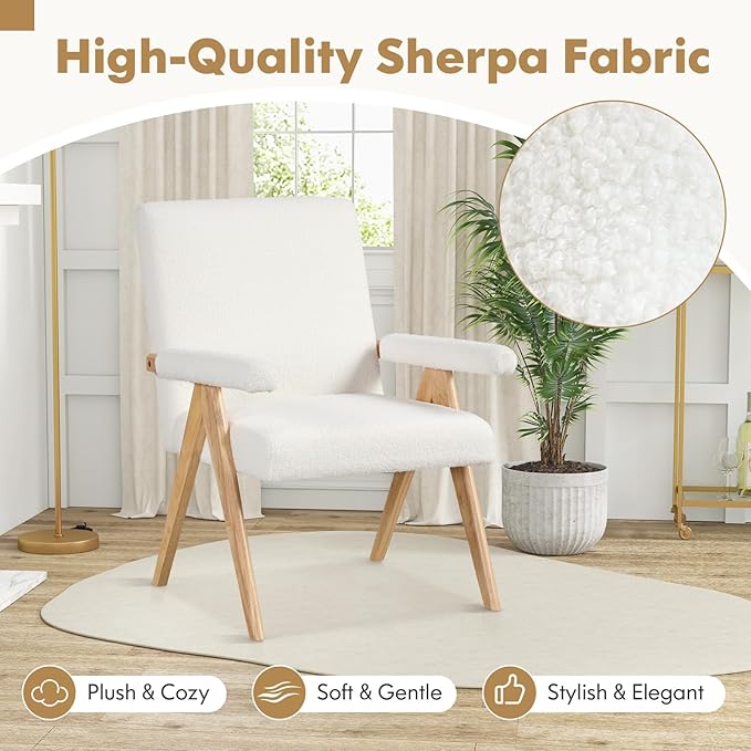 Giantex Mid-Century Modern Accent Chairs Set of 2, Sherpa Fabric Reading Chair with Padded Armrests, Solid Rubber Wood Frame, Upholstered Side Arm Chair for Living Room, Bedroom, Office, Beige
