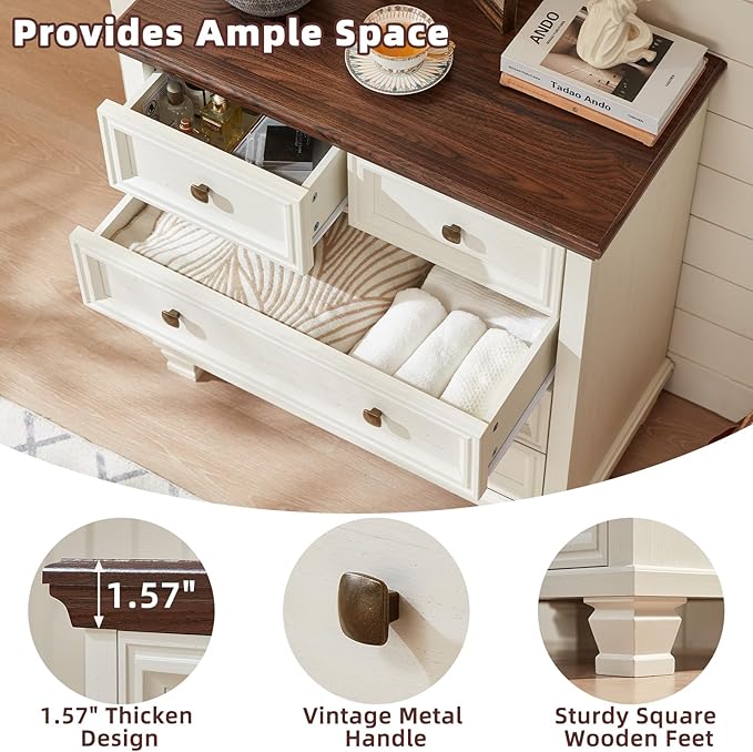 Farmhouse Bedroom Dresser and Nightstand Set of 4, 6 Drawer Low & 5 Drawers Dresser & 3 Drawer Nightstand Set with Wooden Legs, Rustic Wood Bedroom Furniture for Livingroom, Hallway, White