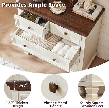 Farmhouse Bedroom Dresser and Nightstand Set of 4, 6 Drawer Low & 5 Drawers Dresser & 2 Drawer Nightstand Set, Rustic Wood Bedroom Furniture Set for Livingroom, Hallway, White