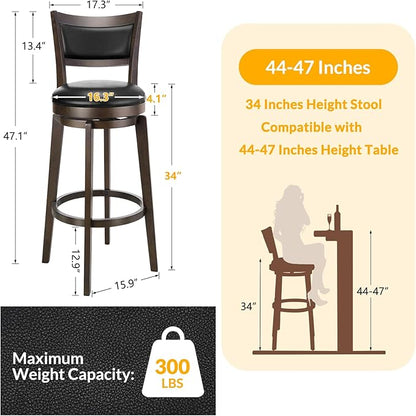 PrimeZone Swivel Bar Stools Set of 8, 34 Inch Extra Tall Bar Height Barstools, Black Faux Leather Bar Stool with High Backrest, Solid Wood Leg, Wrap-Around Footrest, Counter Stools for Pub