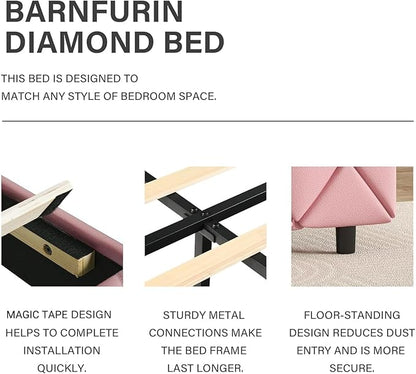 BarnFurin Full Size Bed Frame, Upholstered Platform Bed with Button Tufted Headboard, Princess Bed Frame with Diamond Design, No Box Spring Required, Easy Assembly, Pink
