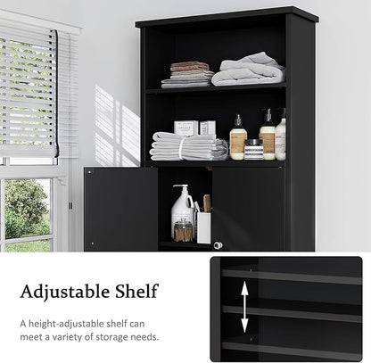 Meilocar Over The Toilet Storage Cabinet for Bathroom, 75in Black Over Toilet Cabinet Freestanding Storage Organizer, Space Saver with Doors and Adjustable Shelf, Black
