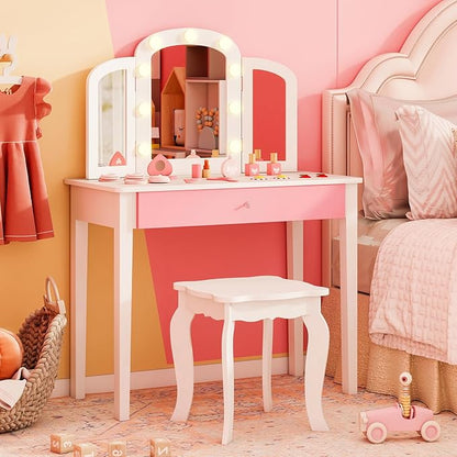 Costzon Kids Vanity, Girls Vanity Set with Mirror and Stool and Lights, Storage Drawer, Princess Toddler Makeup Vanity Desk Dressing Table, Wooden Kids Vanity Table and Chair Set (White)