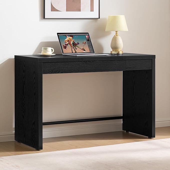 SICOTAS Computer Desk Writing Table - 47-Inch Wooden Study Desk for Bedroom, Farmhouse Home Office Desk with Drawer, Boho Makeup Vanity Table for Dormitory (Black Oak, 1 Piece)