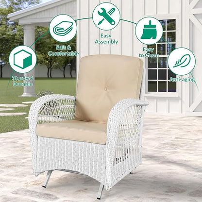 VIVIJASON 2-Piece Outdoor White Wicker Glider Rocking Chair, Patio Rattan Swing Glider Chairs with Cushions & Steel Frame, All-Weather Gliding Lawn Wicker Furniture for Garden Backyard Porch, Beige