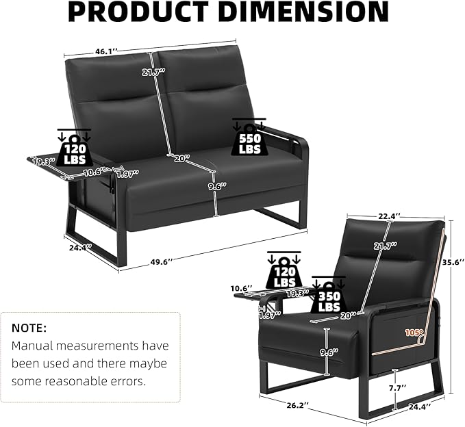 Modular Cloud Sectional Couches for Living Room, Faux Leather Loveseat & Accent Chairs Set of 2, Upholstered Sectional Sofa Set for Office, Black