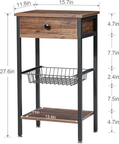 VECELO Tall End Side Tables 27 Inch Night Stand with U-Shape Basket and Storage Drawer/Shelf for Living Room/Bedroom/Small Spaces, Set of 2, Hemp Gray