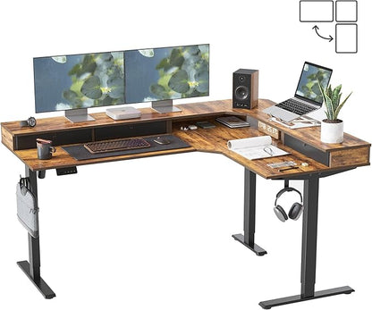 FEZIBO L Shaped Electric Standing Desk, 63x48 inch Large with Drawers | Reversible Tabletop, 2 Memory Height Settings | Home Office & Gaming Height-Adjustable Table, Rustic BrownTop/Black Frame