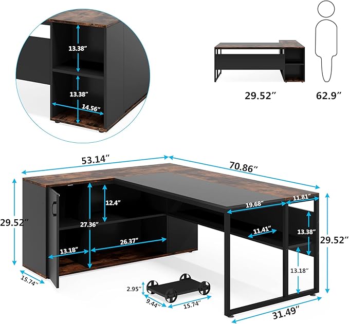 Tribesigns 71 inch Executive Desk, L Shaped Desk with Cabinet Storage, Executive Office Desk with Shelves, Business Furniture Workstation for Home Office, Brown and Black